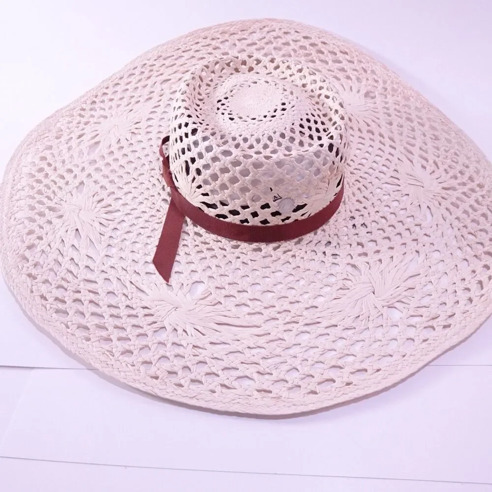 Veronica Beard Meringue Raffia Straw Wide Brim Sun Hat Natural S M NWT 298 - Picture 8 of 15